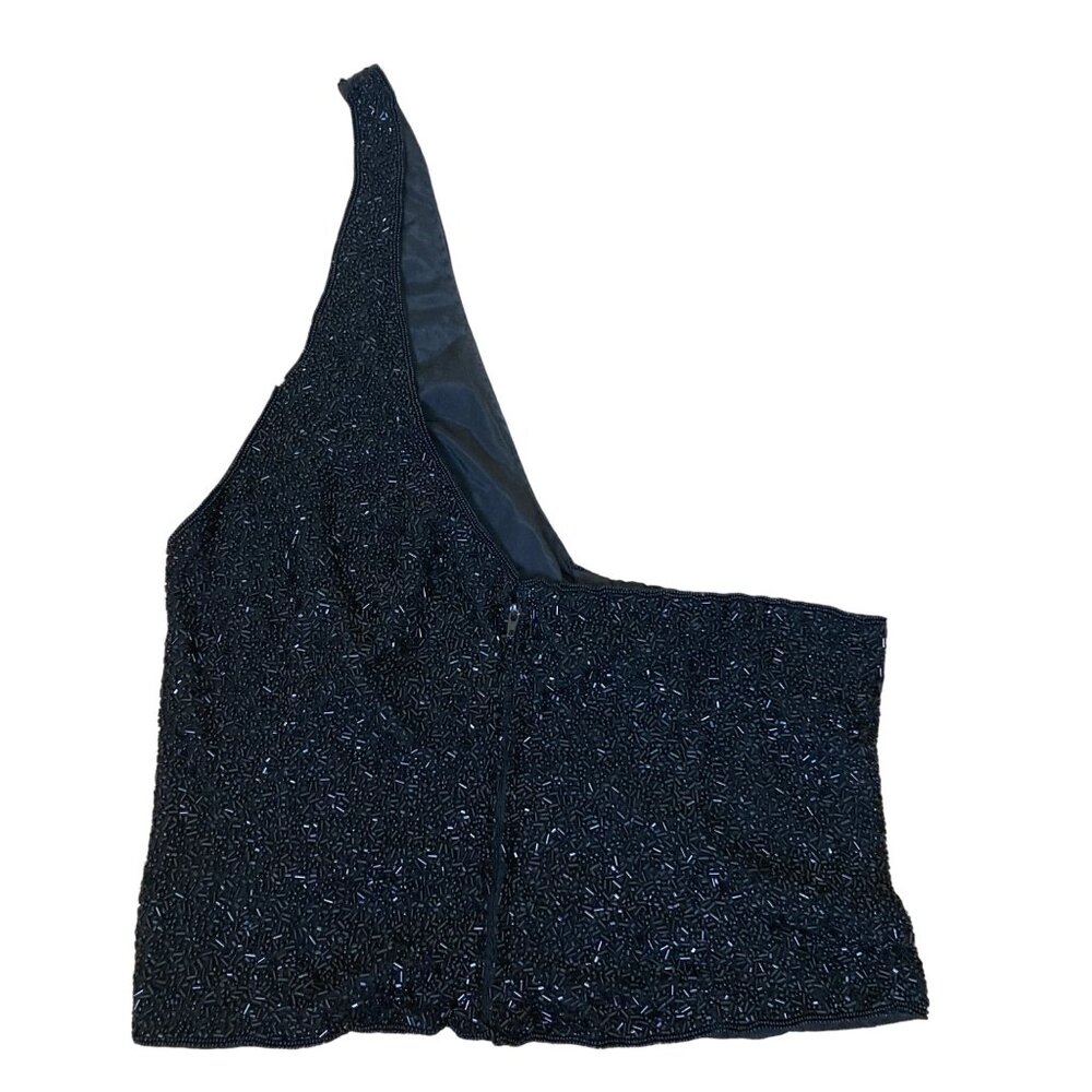Hugo Buscati Black Beaded One-Shoulder Silk Top Size 8 Vintage Whimsy Goth - Picture 2 of 6